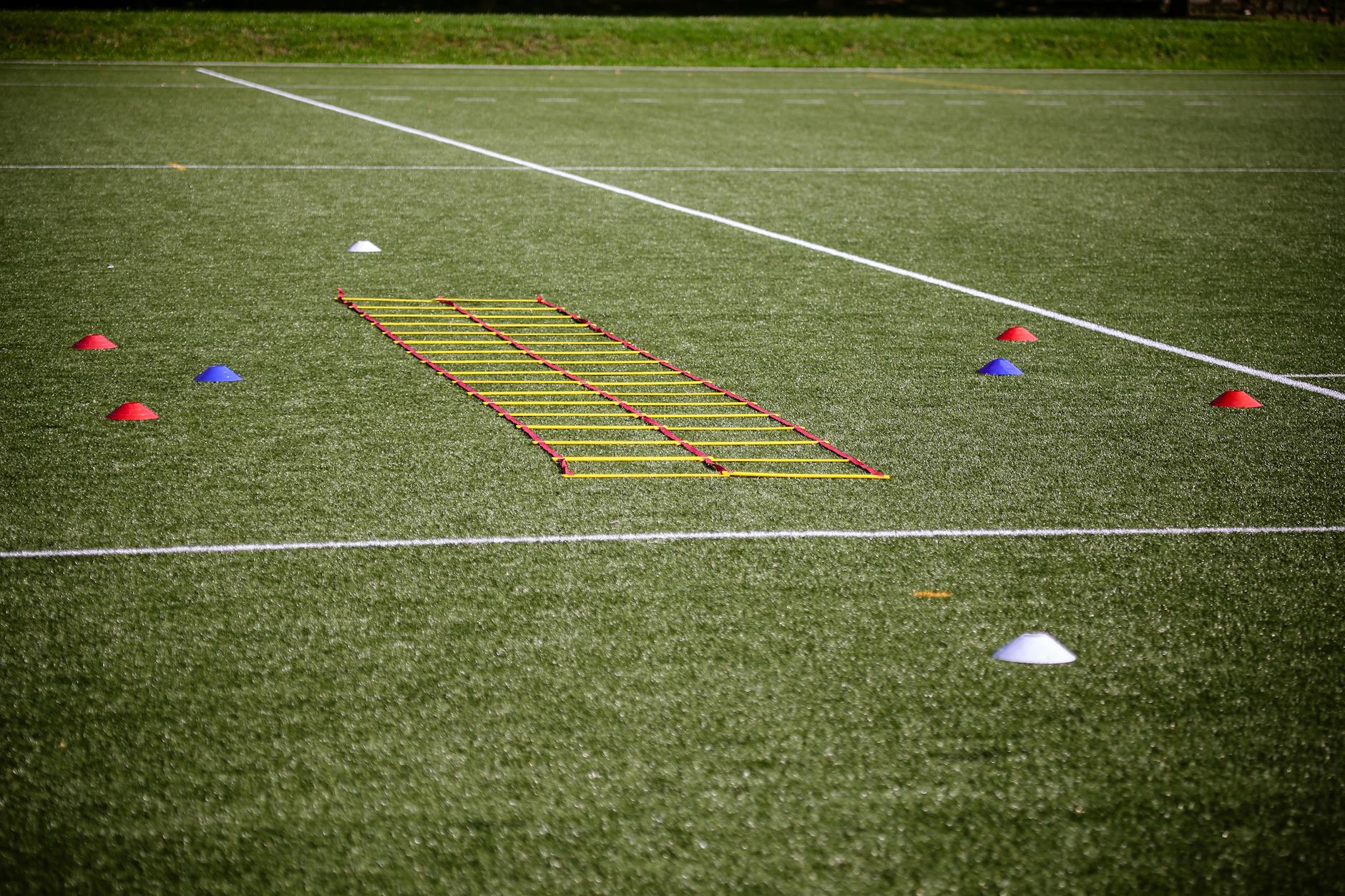 Drabinka z pachołkami do treningu szybkości na trawie boiska